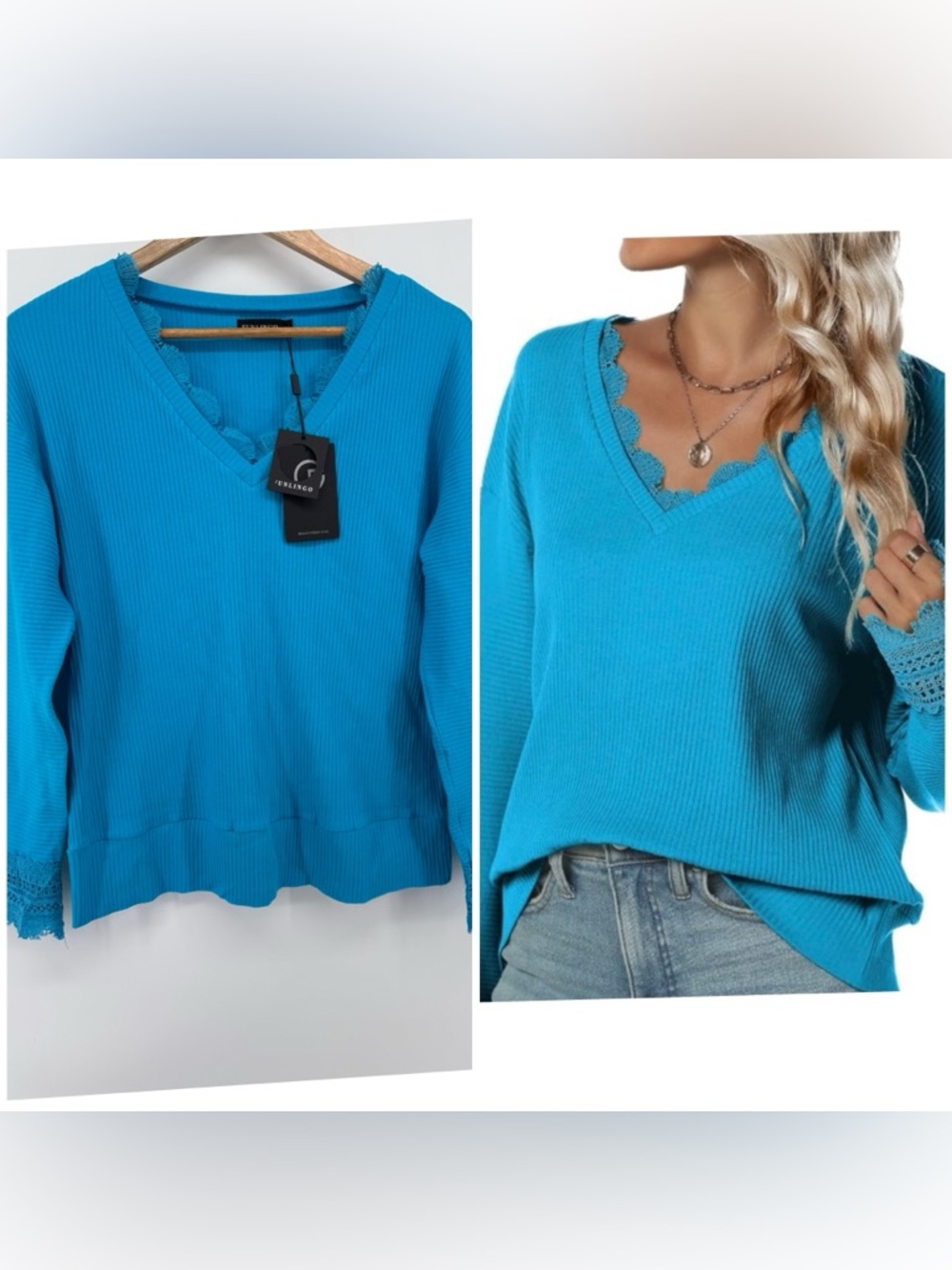 Funlingo Ribbed Lace Y2K LongSleeve Top Oversized Women's Size Small NWT Spring